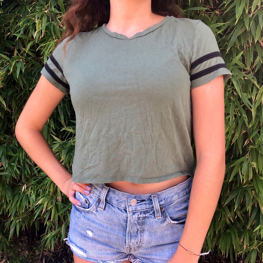 Relaxed Cropped Tee with Stripe Detail